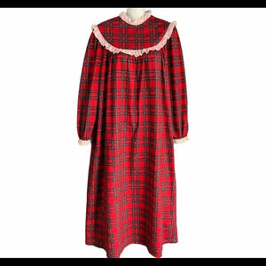 Lanz Of Salzburg Girls Plaid Red Flannel Night Gown Ruffle Trim Sz L (12-14) VTG